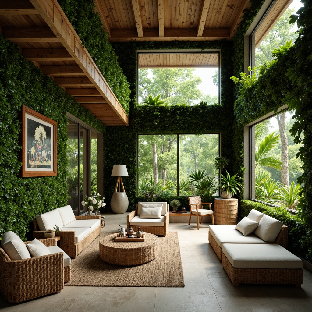 Prompt: Tropical interior space, lush green walls, natural ventilation systems, large windows, sliding glass doors, high ceilings, exposed wooden beams, woven bamboo furniture, rattan decor, earthy tone color palette, soft diffused lighting, warm ambient temperature, gentle breeze, air circulation, evaporative cooling systems, shading devices, overhangs, louvers, clerestory windows, open floor plan, minimal obstruction, cross ventilation, stack effect, windcatchers, solar chimneys, breathable materials, moisture-wicking fabrics.