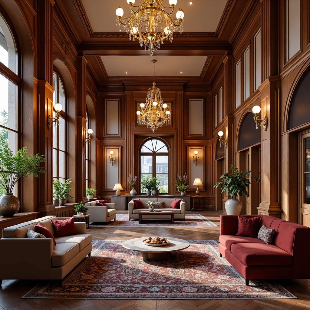 Prompt: Elegant student lounge, rich wood paneling, ornate moldings, grand chandeliers, plush sofas, velvet armchairs, marble coffee tables, intricately patterned rugs, high ceilings, large windows, soft warm lighting, classic columns, symmetrical architecture, subtle gold accents, luxurious fabrics, sophisticated color palette, serene atmosphere, shallow depth of field, 1/1 composition, realistic textures, ambient occlusion.