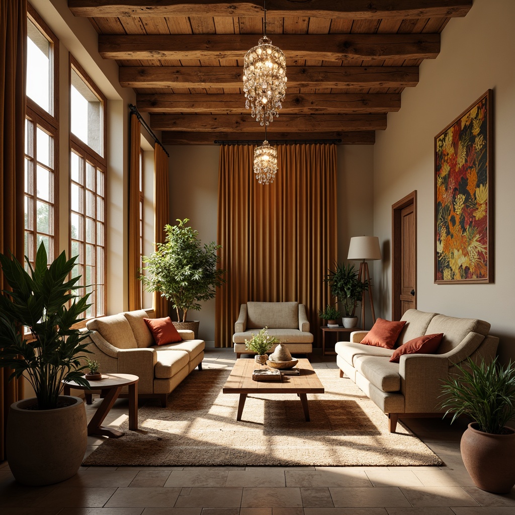 Prompt: Rich velvet fabrics, warm beige walls, soft cream accents, dark wood furniture, subtle gold metallic hints, elegant crystal chandeliers, plush area rugs, natural stone flooring, earthy terracotta pots, lush greenery, ambient warm lighting, 1/2 composition, shallow depth of field, realistic textures.