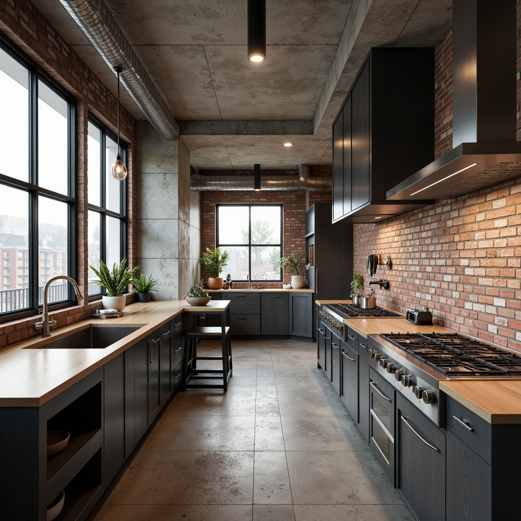 Prompt: Industrial-style kitchen, raw concrete walls, metallic pipes, exposed brick, reclaimed wood countertops, sleek steel cabinets, minimalist hardware, industrial lighting fixtures, geometric patterns, bold color accents, functional simplicity, clean lines, rectangular shapes, urban aesthetic, morning natural light, soft shadows, 1/1 composition, high-contrast image, realistic textures, subtle noise.