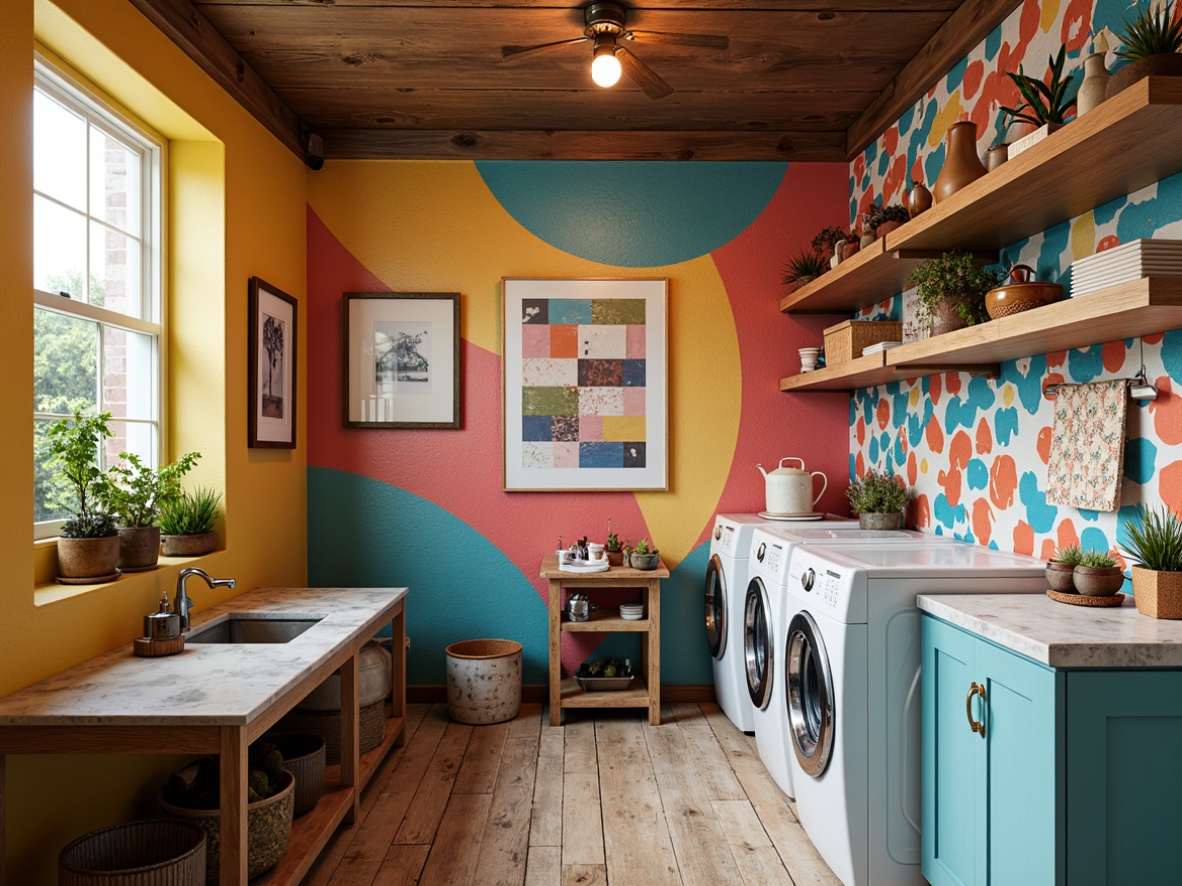 Prompt: Vibrant laundry room, textured walls, bold geometric shapes, bright pastel colors, eclectic furniture, ornate metal accents, playful lighting fixtures, whimsical wallpaper patterns, distressed wood flooring, retro-inspired washing machines, decorative drying racks, abstract artwork, natural stone countertops, modern appliances, industrial-chic decor, warm cozy ambiance, shallow depth of field, 1/1 composition, softbox lighting, realistic textures.