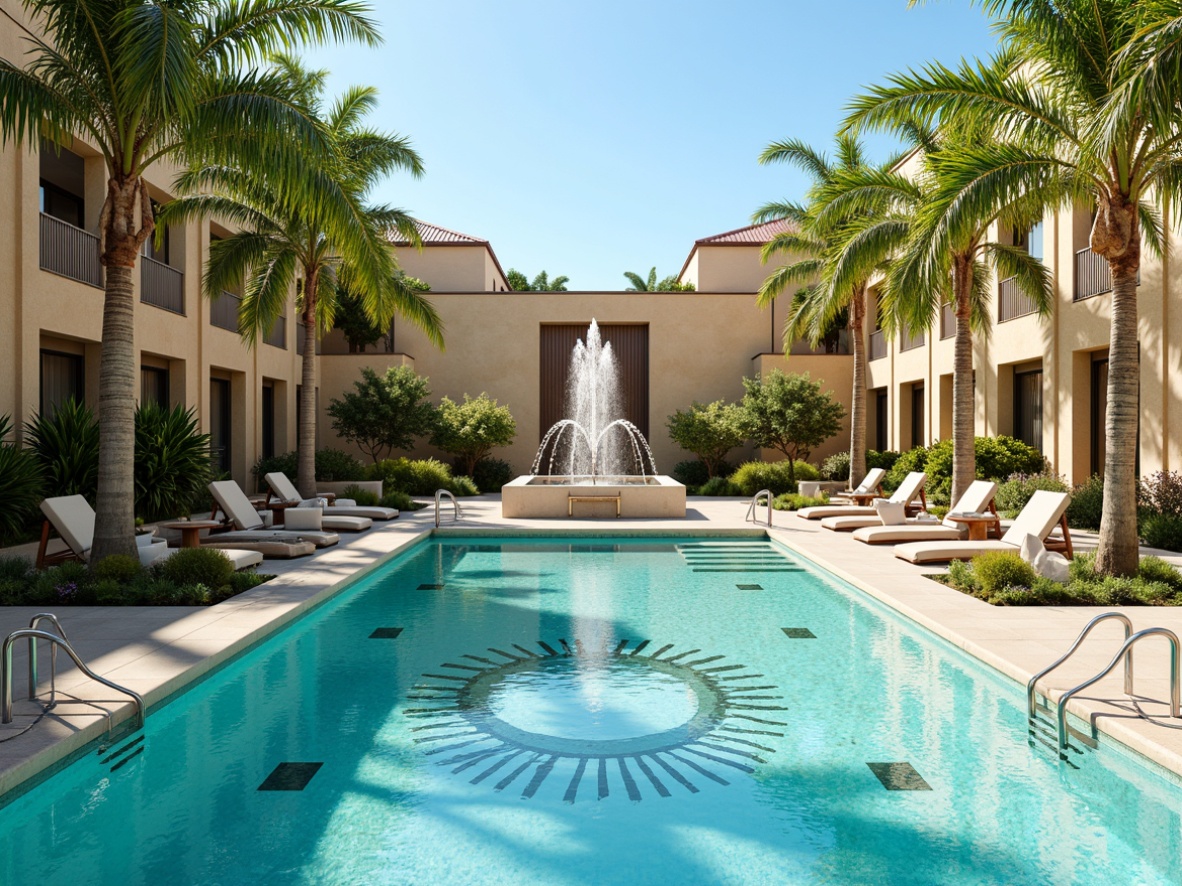 Prompt: Luxurious swimming pool, ornate fountain, geometric tile patterns, sunburst motifs, chevron designs, metallic accents, chrome railings, curved lines, symmetrical compositions, tropical palm trees, vibrant turquoise water, sunny day, warm golden lighting, shallow depth of field, 1/1 composition, realistic textures, ambient occlusion.