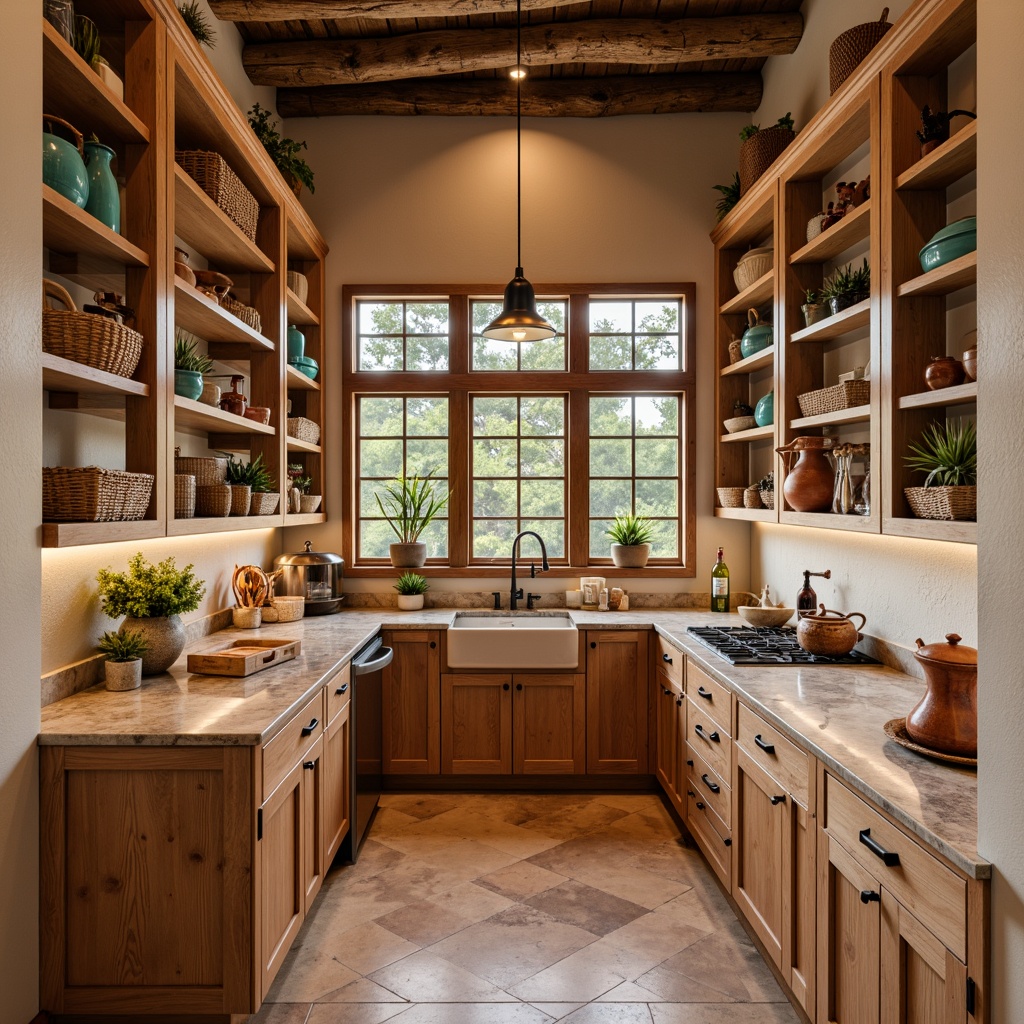 Prompt: Warm southwestern pantry, earthy tones, rustic wooden shelves, woven baskets, terracotta pots, vibrant turquoise accents, natural stone countertops, rich wood grain patterns, warm beige cabinets, copper hardware, pendant lighting, soft warm illumination, 1/1 composition, shallow depth of field, realistic textures.