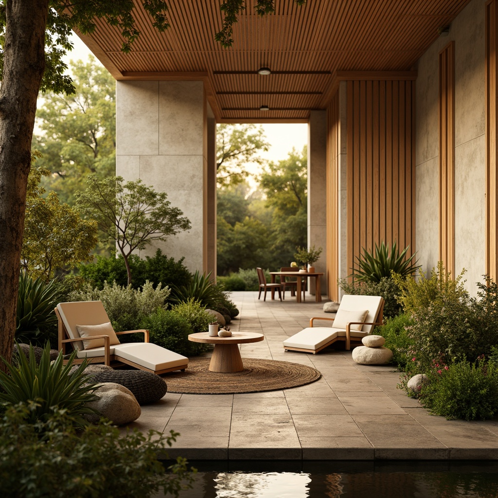 Prompt: Earthy tone, natural ambiance, cozy atmosphere, warm beige walls, rich wood accents, soft cream furniture, vibrant greenery, lush plants, calming water features, serene ambient lighting, warm golden glow, shallow depth of field, 1/1 composition, realistic textures, subtle color gradations, harmonious palette, monochromatic scheme, analogous hues.