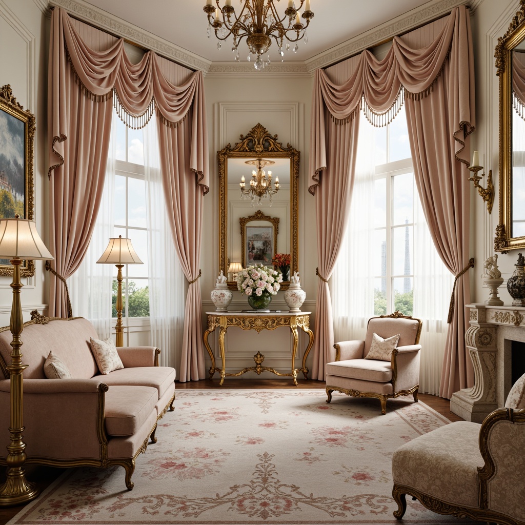 Prompt: Opulent Rococo interior, lavish furnishings, ornate mirrors, gilded frames, delicate porcelain vases, soft pastel hues, pale pink accents, ivory whites, creamy beiges, rich gold leafing, intricate patterns, whimsical florals, luxurious velvet fabrics, crystal chandeliers, warm candlelight, shallow depth of field, 1/1 composition, realistic textures, ambient occlusion.