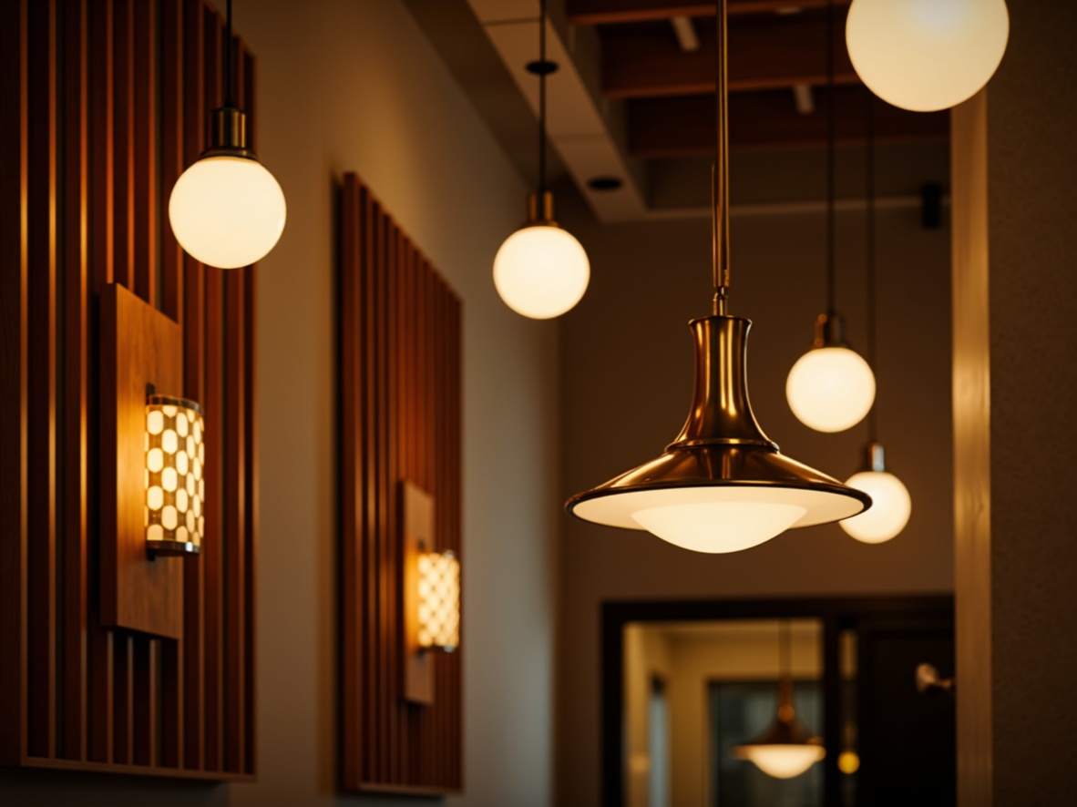 Prompt: Mid-century modern interior, warm ambient lighting, sleek metal fixtures, globe pendant lights, minimalist chandeliers, wooden accent walls, retro-inspired sconces, geometric patterned shades, soft warm glow, subtle color temperature, indirect lighting, 3/4 composition, shallow depth of field, realistic textures, ambient occlusion.