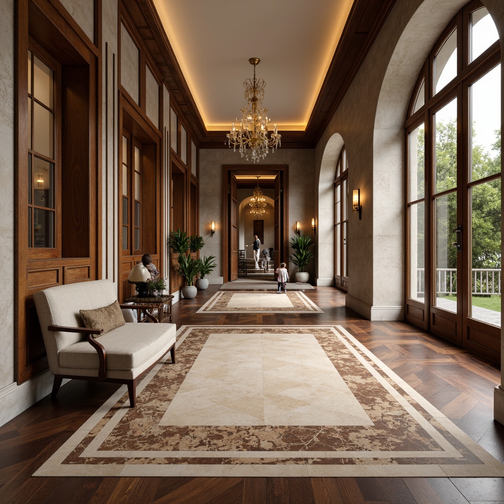 Prompt: Elegant interior spaces, neoclassical architecture, marble flooring, inlaid wood patterns, herringbone designs, dark hardwood floors, rich walnut tones, cream-colored limestone, ornate rug placements, subtle sheen finishes, soft warm lighting, shallow depth of field, 3/4 composition, realistic textures, ambient occlusion.