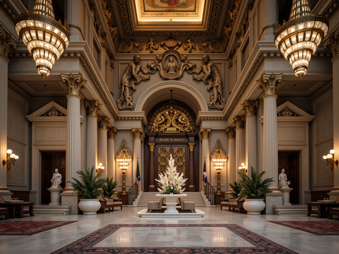 Prompt: Grand museum entrance, ornate Baroque fa\u00e7ade, intricately carved stone details, lavish golden accents, majestic bronze doors, opulent chandeliers, polished marble floors, richly patterned rugs, stately columns, high ceilings, dramatic archways, soft warm lighting, subtle shadows, 1/2 composition, classic Renaissance architecture, ornamental frescoes, vintage artifacts, antique furniture, luxurious textiles, subtle color palette, realistic stone textures, ambient occlusion.