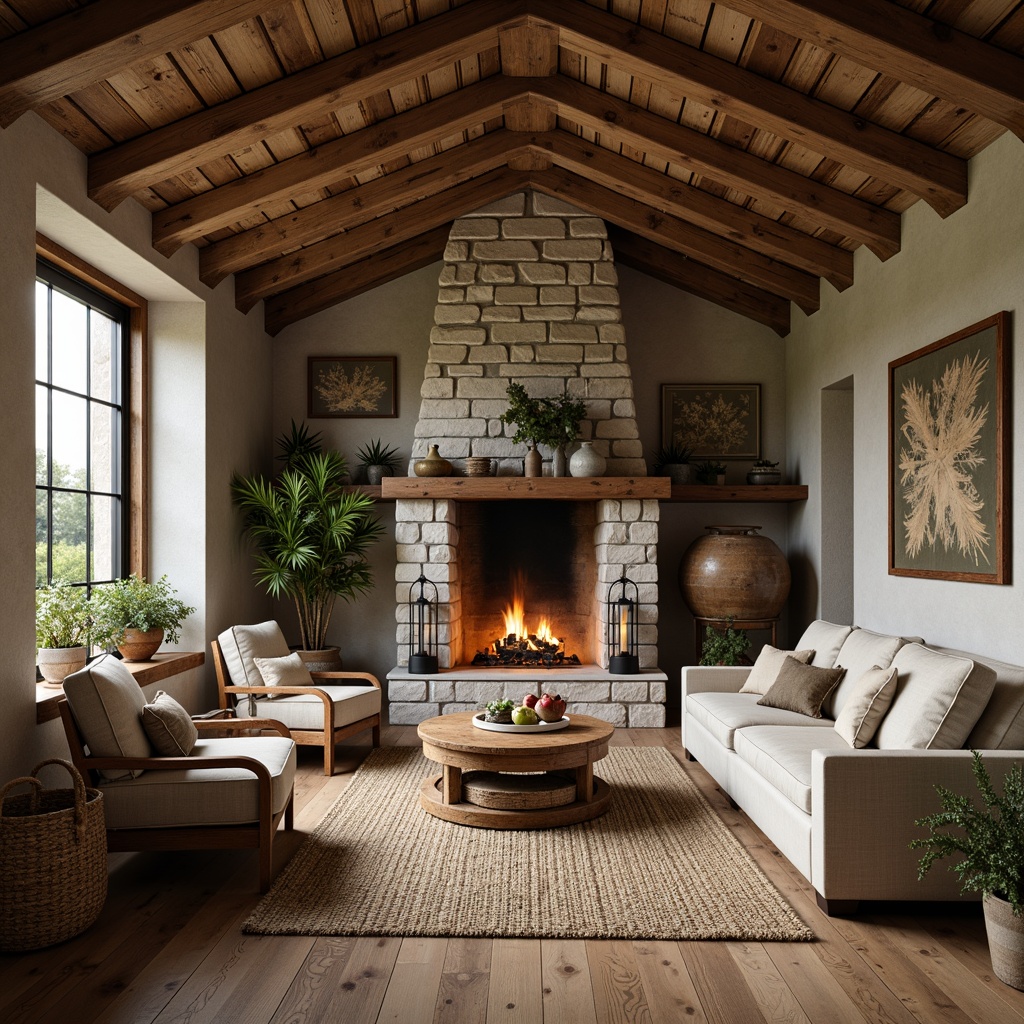 Prompt: Rustic farmhouse interior, reclaimed wood accents, vintage metal decorations, earthy tone color palette, natural stone walls, wooden beams, distressed finishes, cozy fireplace, plush textiles, woven baskets, potted plants, soft warm lighting, shallow depth of field, 1/1 composition, realistic textures, ambient occlusion.