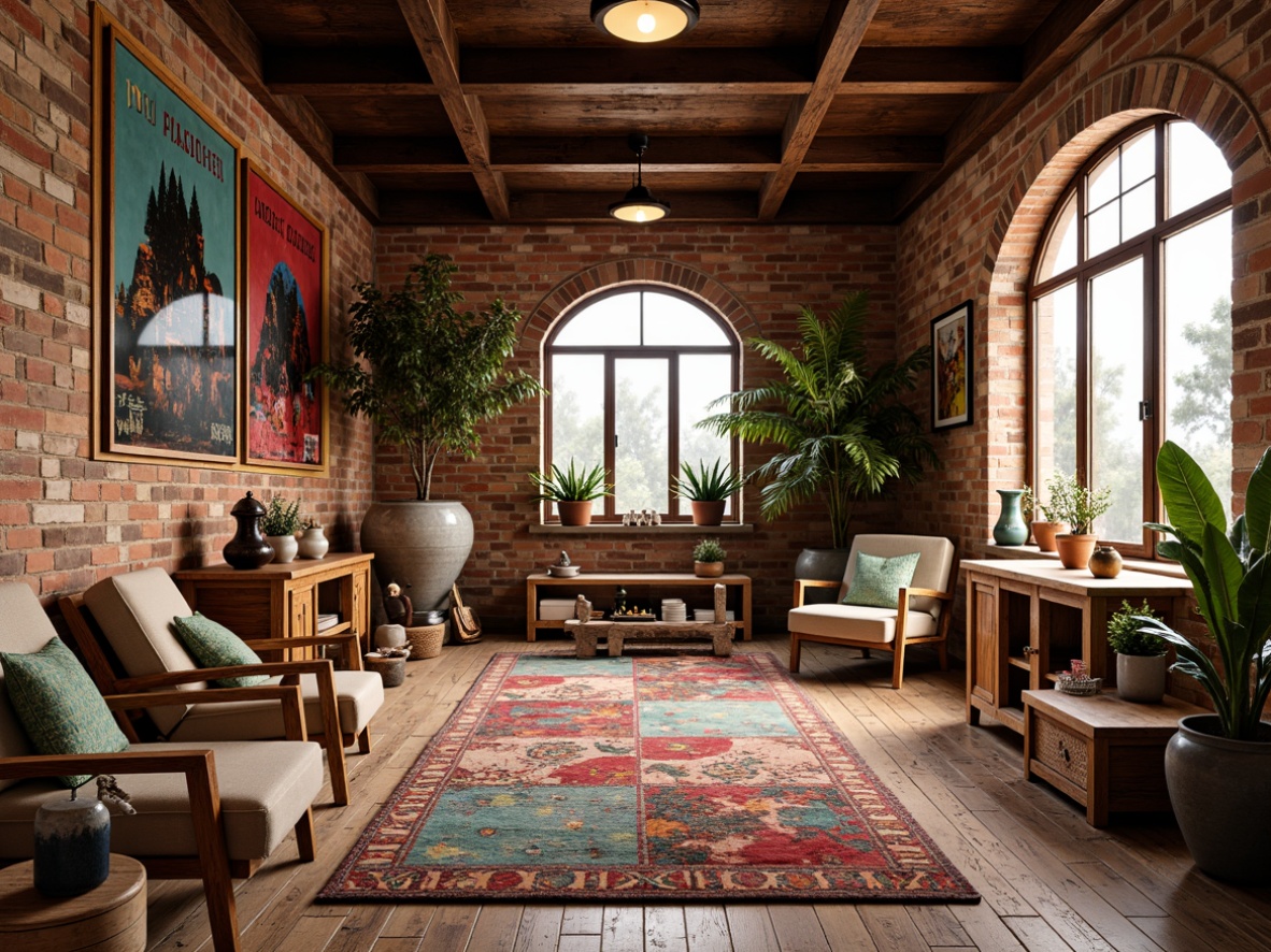 Prompt: Vibrant eclectic interior, reclaimed wood flooring, distressed textures, mismatched patterns, bold color contrasts, Moroccan-inspired tiles, vintage rug fragments, industrial metal accents, exposed brick walls, natural stone inlays, eclectic furniture pieces, bohemian chic decor, warm atmospheric lighting, shallow depth of field, 1/1 composition, realistic textures, ambient occlusion.