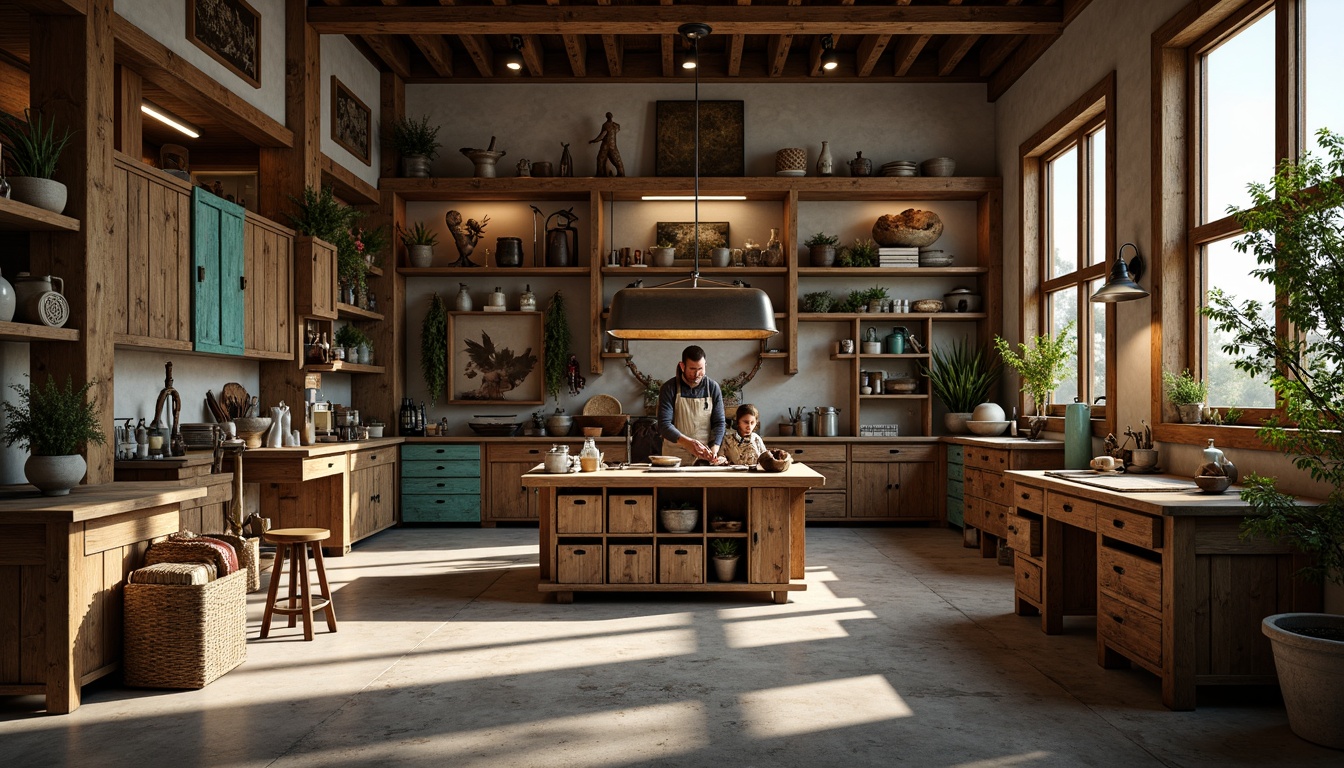 Prompt: Rustic wooden workshop, vintage metal tools, earthy brown tones, warm beige surfaces, rich turquoise accents, distressed leather aprons, weathered concrete floors, industrial pendant lamps, natural light pouring in, soft warm atmosphere, subtle texture overlays, shallow depth of field, 2/3 composition, realistic material renders.