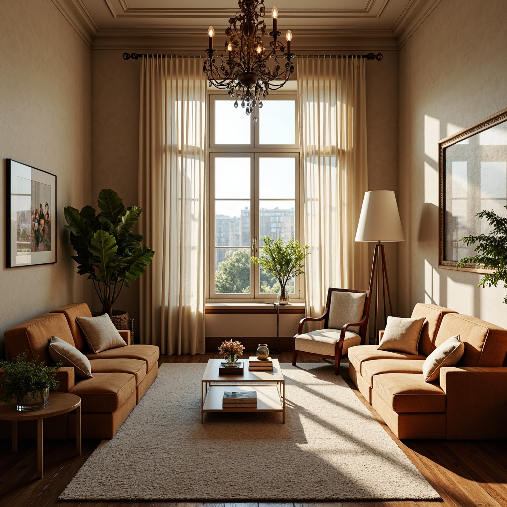 Prompt: Cozy living room, plush area rug, velvet sofa, soft cushioned armchairs, warm beige walls, natural wood flooring, delicate lace curtains, elegant chandelier, comfortable reading nook, floor-to-ceiling windows, subtle morning light, gentle shadows, 1/1 composition, intimate atmosphere, realistic fabric textures, ambient occlusion.