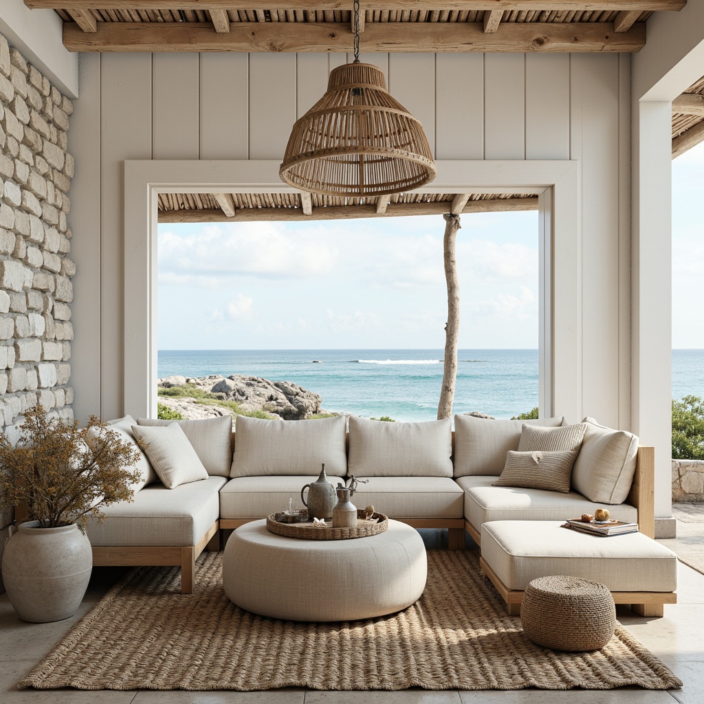 Prompt: Soft sandy beaches, calming ocean waves, sea salt air, driftwood accents, weathered stone walls, shiplap paneling, natural textiles, woven baskets, jute rugs, linen upholstery, distressed wood furniture, vintage nautical decor, coral-inspired hues, soothing blues, crisp whites, warm beiges, sun-bleached wood tones, gentle morning light, airy atmosphere, minimal ornamentation, organic forms, seaside charm.