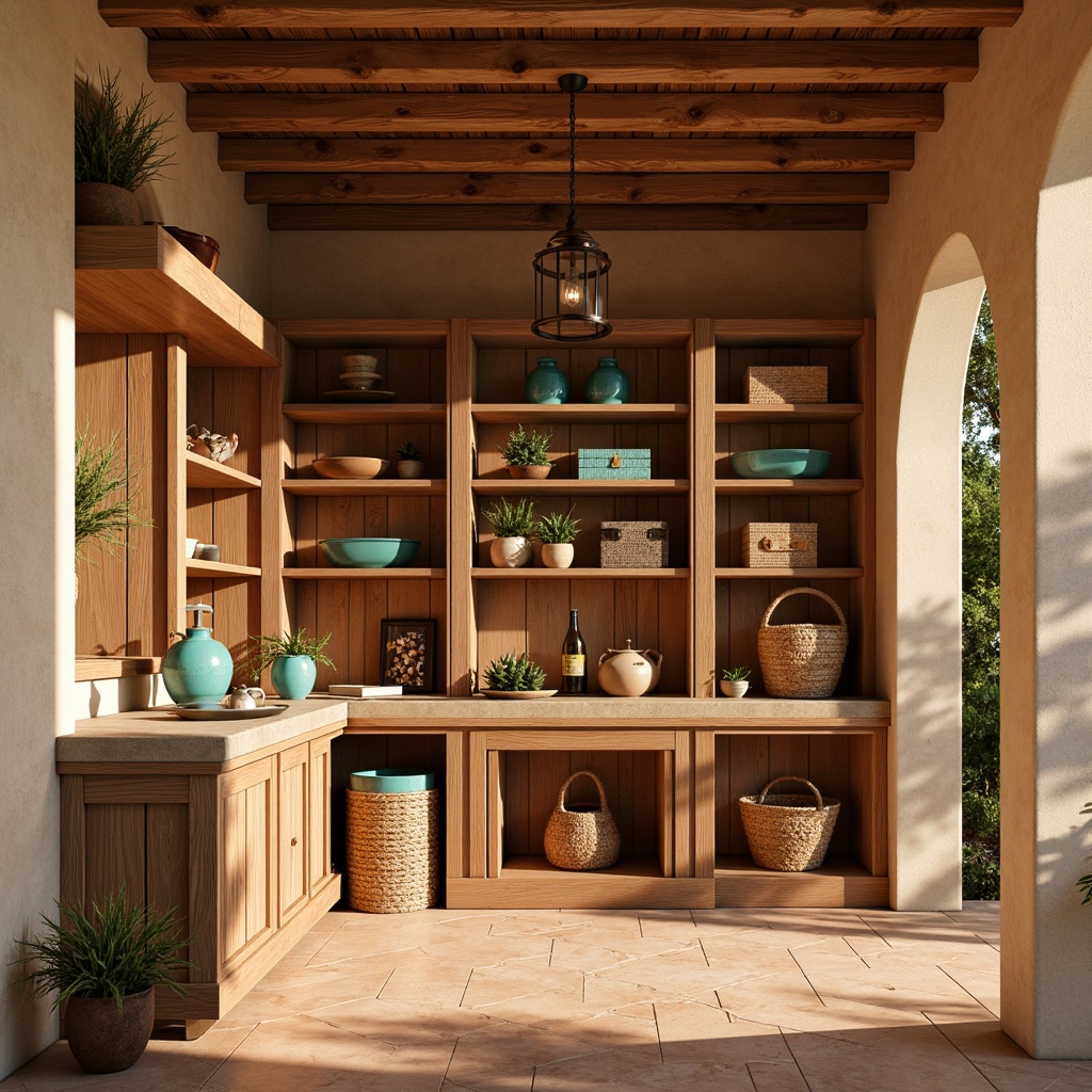 Prompt: Southwestern style pantry, warm beige walls, rustic wooden shelves, woven basket storage, earthy terracotta flooring, pendant lanterns, soft warm lighting, bronze metal accents, natural stone countertops, ambient occlusion, shallow depth of field, 3/4 composition, realistic textures, vibrant turquoise accents, sunny day, dramatic shadows, warm color palette.