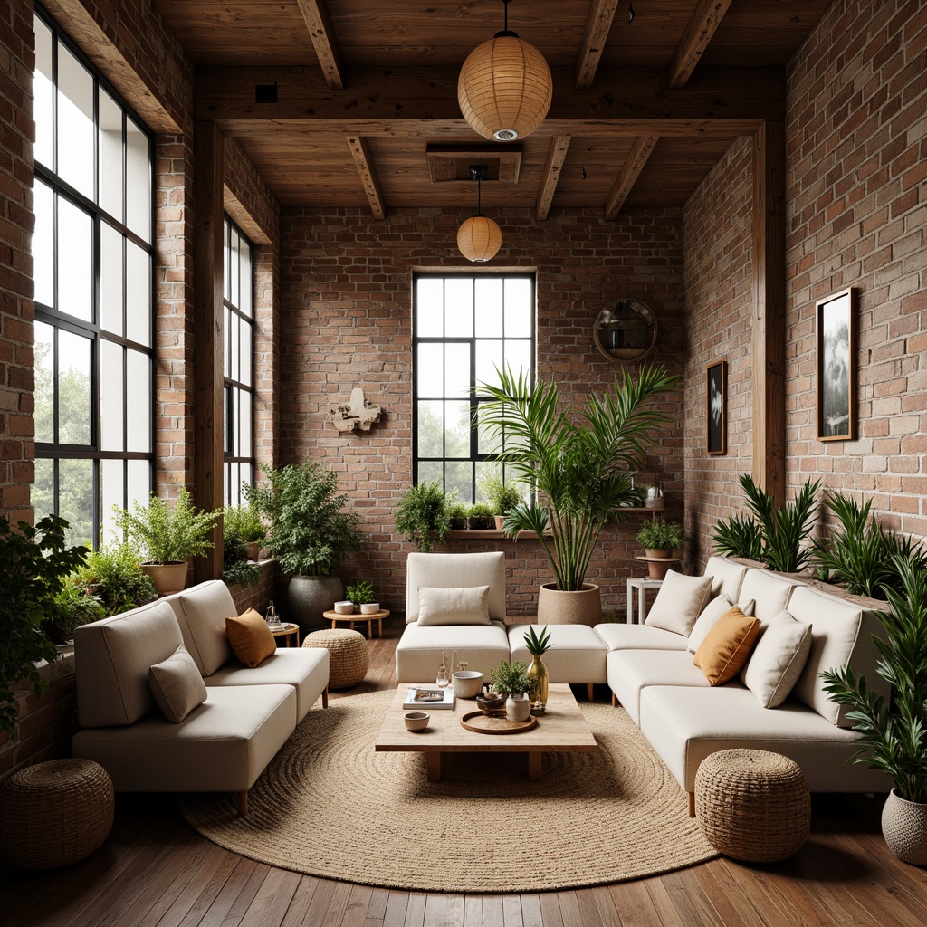 Prompt: Industrial-chic loft, exposed brick walls, wooden beam ceilings, minimalist decor, natural materials, earthy tones, Asian-inspired accents, paper lanterns, bamboo flooring, woven rattan furniture, lush greenery, floor-to-ceiling windows, soft warm lighting, shallow depth of field, 3/4 composition, panoramic view, realistic textures, ambient occlusion.