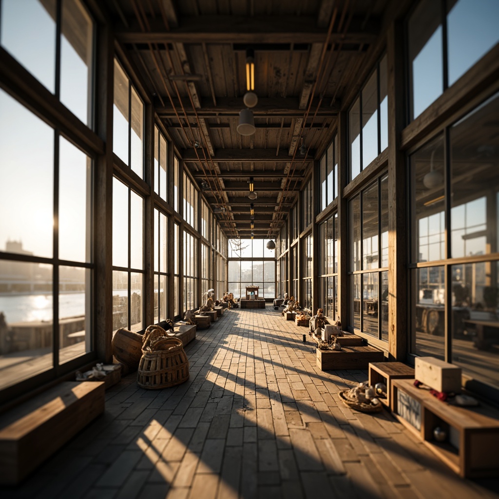 Prompt: Waterfront boathouse, postmodern architecture, transparent partitions, reflective glass surfaces, industrial metal frames, reclaimed wood accents, nautical ropes, marine-inspired decor, vintage boat models, distressed wooden planks, rusty metal details, warm golden lighting, shallow depth of field, 1/2 composition, atmospheric mist, soft focus, realistic textures.