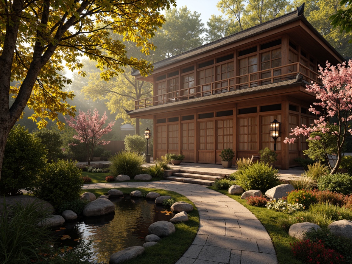 Prompt: Vibrant pagoda, intricately carved wooden panels, ornate lanterns, lush green bamboo, delicate cherry blossoms, serene koi pond, natural stone pathways, traditional Japanese sliding doors, rice paper screens, warm golden lighting, subtle misty atmosphere, shallow depth of field, 1/2 composition, realistic wood textures, ambient occlusion.