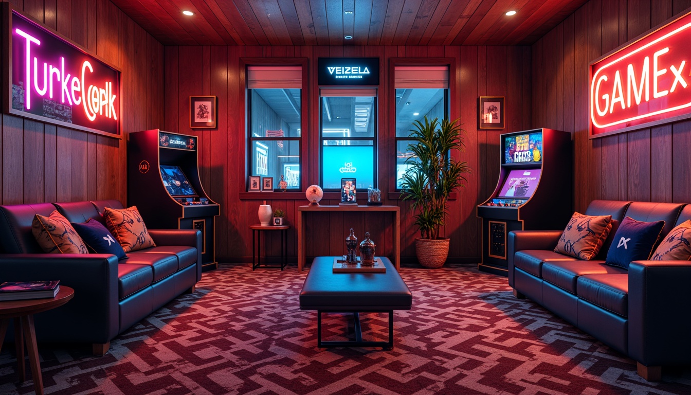 Prompt: Cozy game room, rich wood paneling, plush carpeting, vibrant neon signs, retro arcade machines, sleek gaming consoles, comfortable sofas, colorful throw pillows, modern LED lighting, geometric patterned rugs, futuristic sci-fi decorations, metallic accents, bold graphic prints, immersive virtual reality experiences, 3/4 composition, shallow depth of field, cinematic lighting, realistic textures.