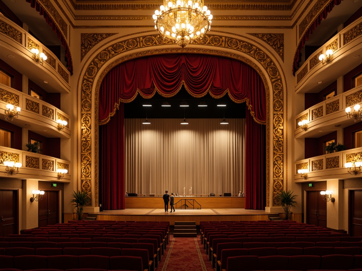 Prompt: Elegant traditional performing arts center, ornate wooden stage, rich velvet curtains, intricate carvings, golden lighting fixtures, plush red seats, classic proscenium arch, lavish chandeliers, ornamental railings, grand staircase, luxurious foyer, high ceilings, ornate moldings, warm soft lighting, shallow depth of field, 1/2 composition, realistic textures, ambient occlusion.