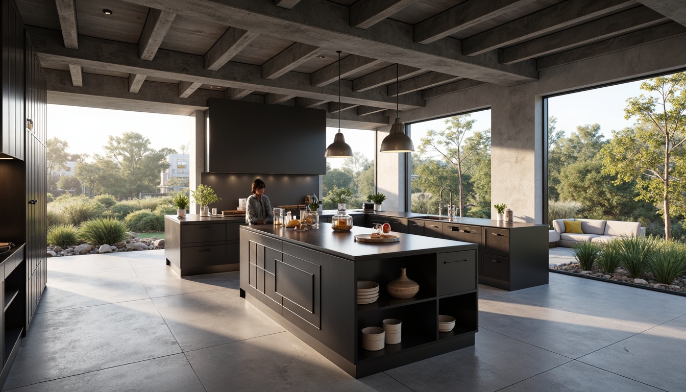 Prompt: Minimalist kitchen island, sleek cabinetry, industrial metal accents, polished concrete floors, abundant natural light, open shelving, geometric countertops, functional layout, ergonomic workspaces, built-in appliances, monochromatic color scheme, subtle texture contrasts, warm ambient lighting, shallow depth of field, 3/4 composition, realistic renderings, atmospheric effects.