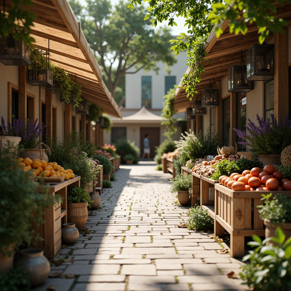 Prompt: Rustic marketplace, natural stone pavements, reclaimed wood accents, earthy color palette, woven textiles, organic produce stands, wooden crates, vintage metal lanterns, lush greenery, overflowing flower baskets, warm soft lighting, shallow depth of field, 3/4 composition, panoramic view, realistic textures, ambient occlusion.