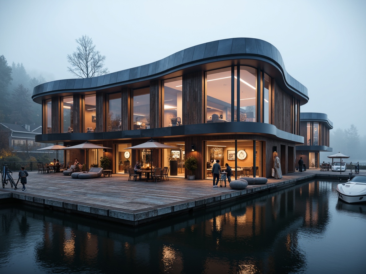 Prompt: Waterfront boathouse, postmodernist architecture, angular lines, curved roofs, transparent partitions, reflective glass surfaces, rustic wooden accents, nautical ropes, porthole windows, distressed finishes, eclectic mix of materials, industrial chic decor, moody atmospheric lighting, misty mornings, foggy reflections, shallow depth of field, 1/1 composition, symmetrical framing, warm color palette.