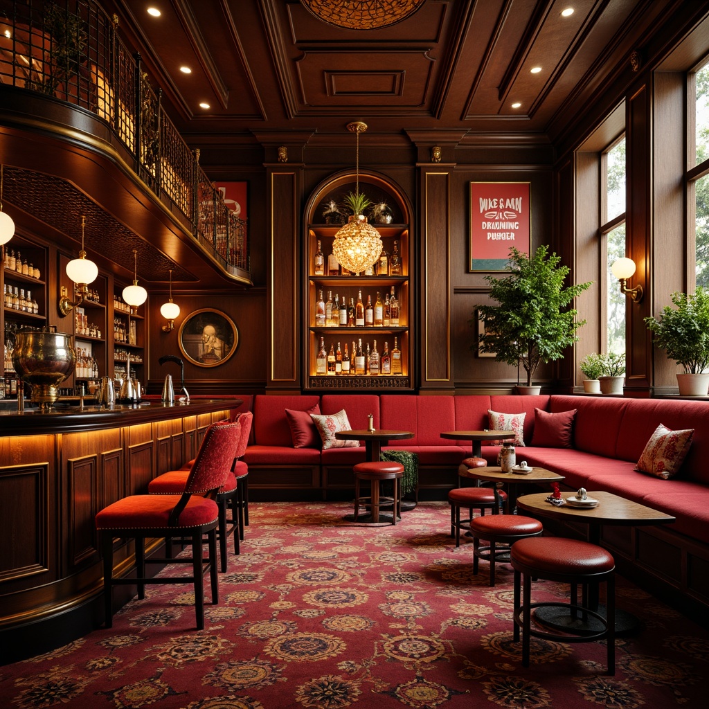 Prompt: Vibrant bar interior, rich wooden accents, ornate metalwork, bold color schemes, eclectic furniture, curved lines, geometric patterns, plush velvet fabrics, luxurious leather upholstery, antique decorative pieces, dim warm lighting, atmospheric haze, shallow depth of field, 1/1 composition, realistic textures, ambient occlusion.