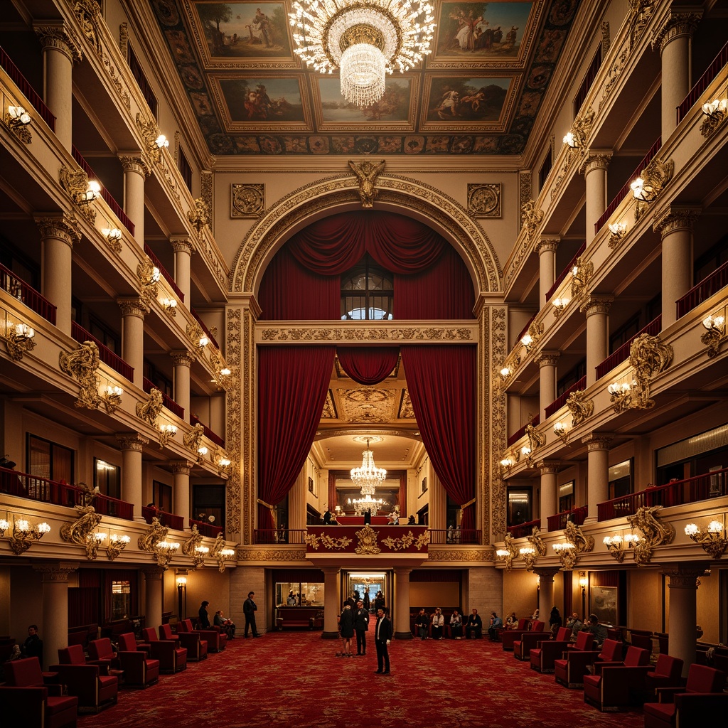 Prompt: Grand opera house, ornate facade, majestic columns, intricately carved details, gilded accents, rich velvet drapes, luxurious red carpeting, opulent chandeliers, crystal fixtures, frescoed ceilings, Baroque-inspired furnishings, soft warm lighting, dramatic spotlights, shallow depth of field, 1/2 composition, symmetrical architecture, marble floors, ornate balconies, grand staircases, regal box seats, golden leaf patterns, rich jewel tones, crimson reds, emerald greens, majestic blues.