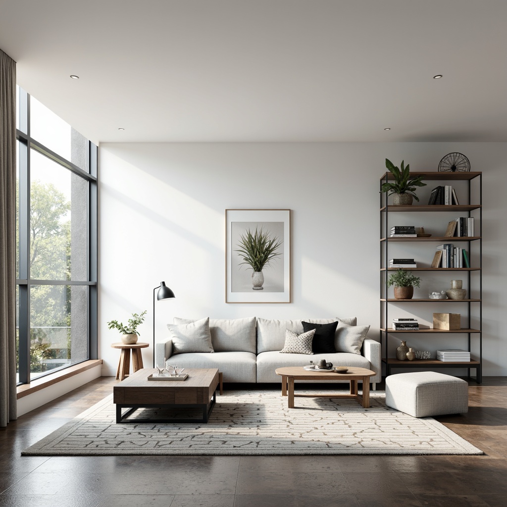 Prompt: Minimalist living room, sparse decor, sleek low-profile sofa, single-arm lamps, minimalist coffee table, geometric-patterned rug, industrial-style metal shelves, monochromatic color scheme, abundant natural light, airy atmosphere, subtle textures, 1/1 composition, softbox lighting, shallow depth of field, realistic reflections.