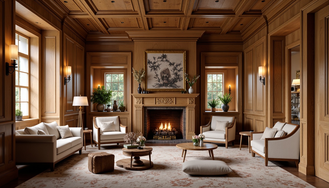 Prompt: Rich wooden paneling, ornate moldings, classic wainscoting, decorative trim work, warm beige tones, soft cream colors, rustic brick textures, natural stone accents, traditional English country style, elegant furnishings, refined lighting fixtures, subtle patterned rugs, comfortable seating areas, cozy nooks, inviting fireplaces, warm candlelight, 1/2 composition, shallow depth of field, realistic textures, ambient occlusion.