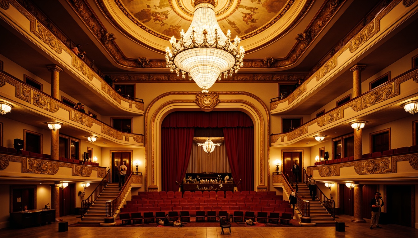 Prompt: Grand opera house, ornate chandeliers, crystal pendants, warm golden lighting, soft warm glow, velvet drapes, red carpeted stairs, gilded balconies, fresco ceilings, classical columns, marble floors, intricate moldings, ornate plasterwork, dramatic spotlights, warm color temperatures, low-key lighting, subtle shading, 1/2 composition, symmetrical framing, realistic reflections, ambient occlusion.