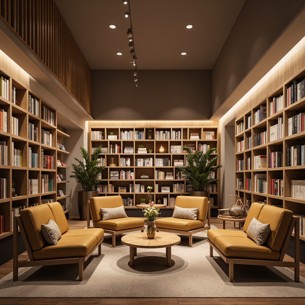 Prompt: Cozy bookstore interior, minimalistic design, comfortable seating areas, plush armchairs, wooden coffee tables, soft cushions, warm lighting, neutral color palette, natural wood accents, floor-to-ceiling bookshelves, ladder bookcases, modern minimalist decor, calm atmosphere, peaceful ambiance, shallow depth of field, 1/1 composition, realistic textures, ambient occlusion.