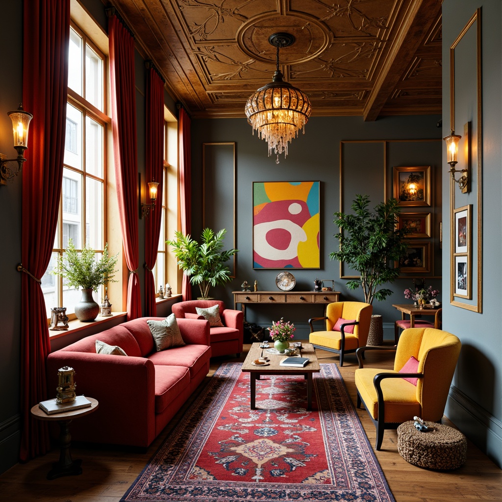 Prompt: Vibrant eclectic interior, mix-and-match furniture, bold patterned rugs, colorful abstract artwork, ornate antique fixtures, metallic accents, warm golden lighting, layered lamp shades, unique sculptural chandeliers, textured glass pendant lights, cozy reading nooks, plush velvet sofas, distressed wood coffee tables, richly upholstered armchairs, playful tassel details, dramatic floor-to-ceiling drapes, soft warm glow, 1/1 composition, high-contrast lighting, realistic reflections.