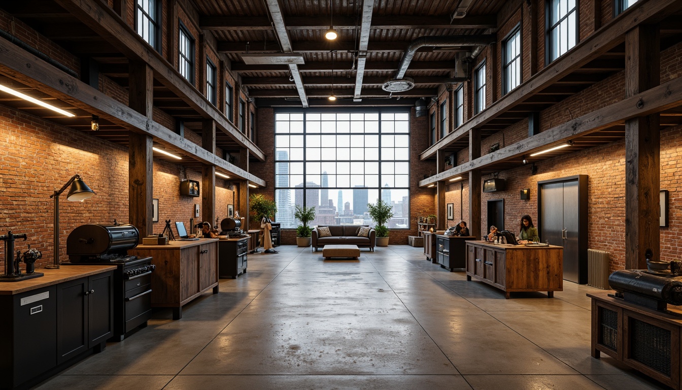 Prompt: Rustic warehouse setting, exposed brick walls, metal beams, reclaimed wood accents, industrial-style lighting fixtures, vintage machinery, distressed concrete floors, urban cityscape, cloudy overcast sky, soft warm lighting, shallow depth of field, 2/3 composition, realistic textures, ambient occlusion.