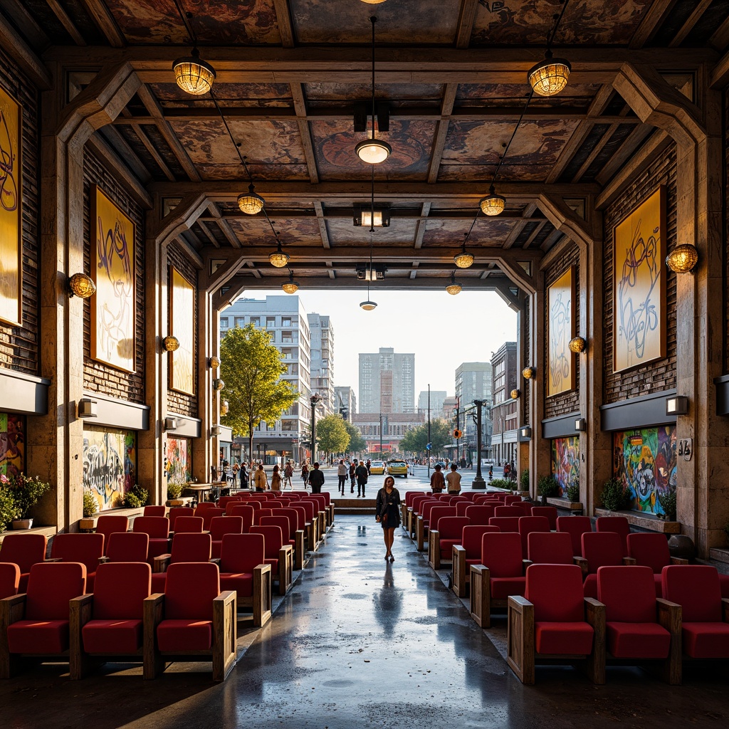 Prompt: Vibrant eclectic auditorium, mixed metallic finishes, distressed wood accents, industrial concrete floors, colorful glass mosaics, plush velvet upholstery, ornate golden details, reclaimed wooden panels, abstract graffiti walls, dynamic LED lighting, asymmetrical composition, urban cityscape views, bustling street activity, warm afternoon sunlight, shallow depth of field, 1/2 composition, cinematic atmosphere.