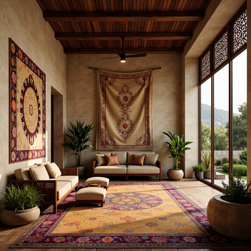 Prompt: Warm earthy tones, natural stone walls, intricately patterned rugs, wooden accents, rustic metal fixtures, vibrant colorful textiles, geometric motifs inspired by cultural heritage, grand high ceilings, large windows with ornate details, traditional architectural elements, modern minimalist furniture, lush greenery, soft warm lighting, shallow depth of field, 1/1 composition, realistic textures, ambient occlusion.