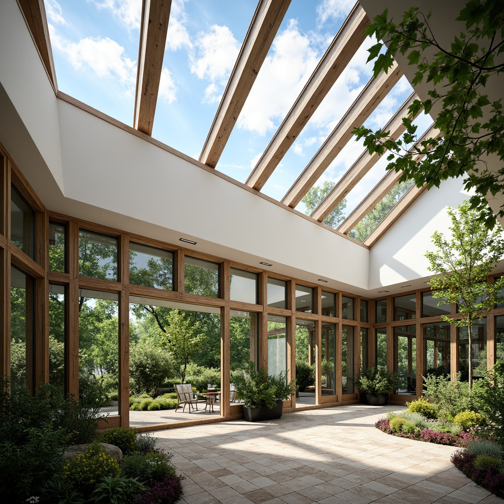 Prompt: \Sunroom with floor-to-ceiling windows, sliding glass doors, transparent rooflights, clerestory windows, operable skylights, minimalist frames, sleek aluminum profiles, double-glazed insulation, solar-controlled tinting, reflective coatings, green roofs, lush indoor gardens, natural ventilation systems, 3/4 composition, panoramic views, soft warm lighting, shallow depth of field, realistic textures, ambient occlusion.\