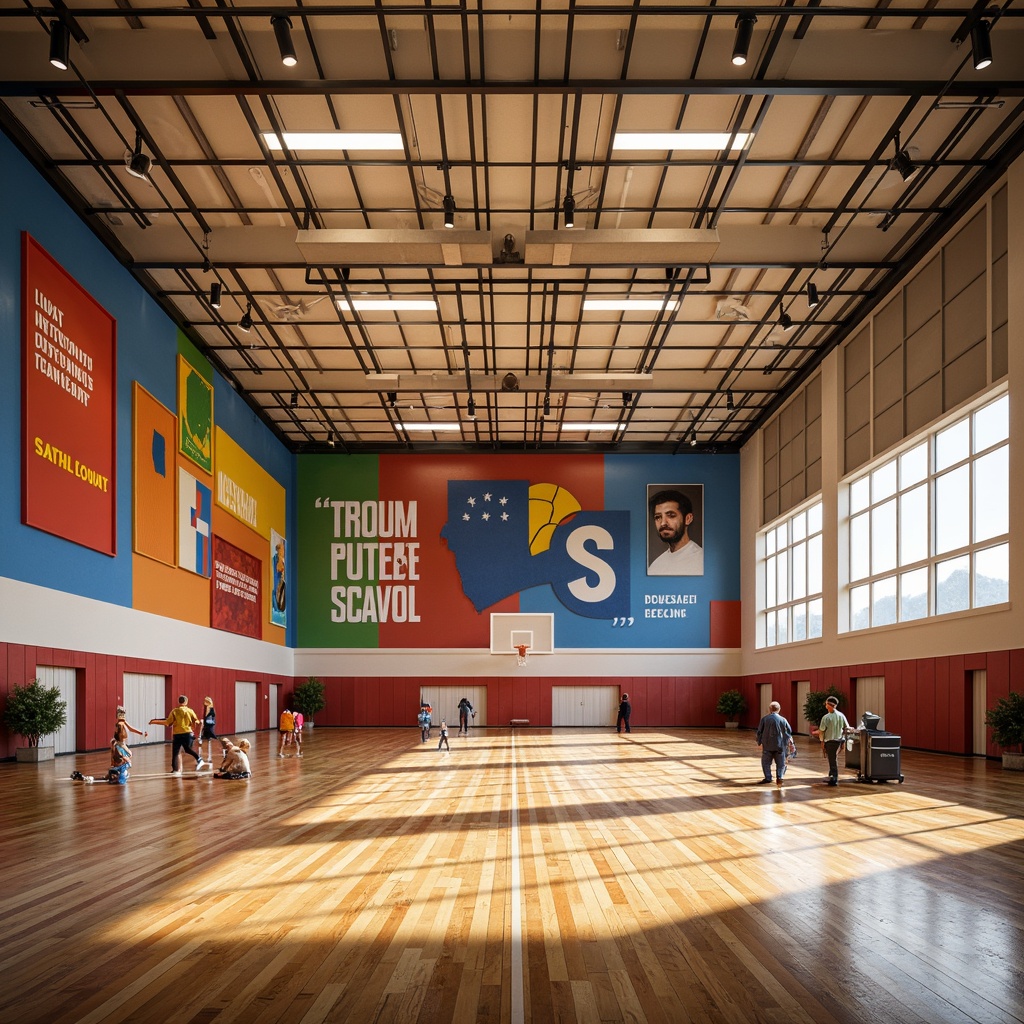 Prompt: Vibrant gymnasium interior, bold athletic colors, dynamic lighting, wooden floors, sports equipment, basketball hoops, exercise machines, motivational quotes, energetic atmosphere, natural materials, earthy tones, warm beige walls, rich wood accents, cool blue undertones, bright white ceilings, modern architectural design, sleek lines, minimalist decor, functional spaces, high-contrast shadows, dramatic spotlights, shallow depth of field, 2/3 composition, realistic textures, ambient occlusion.