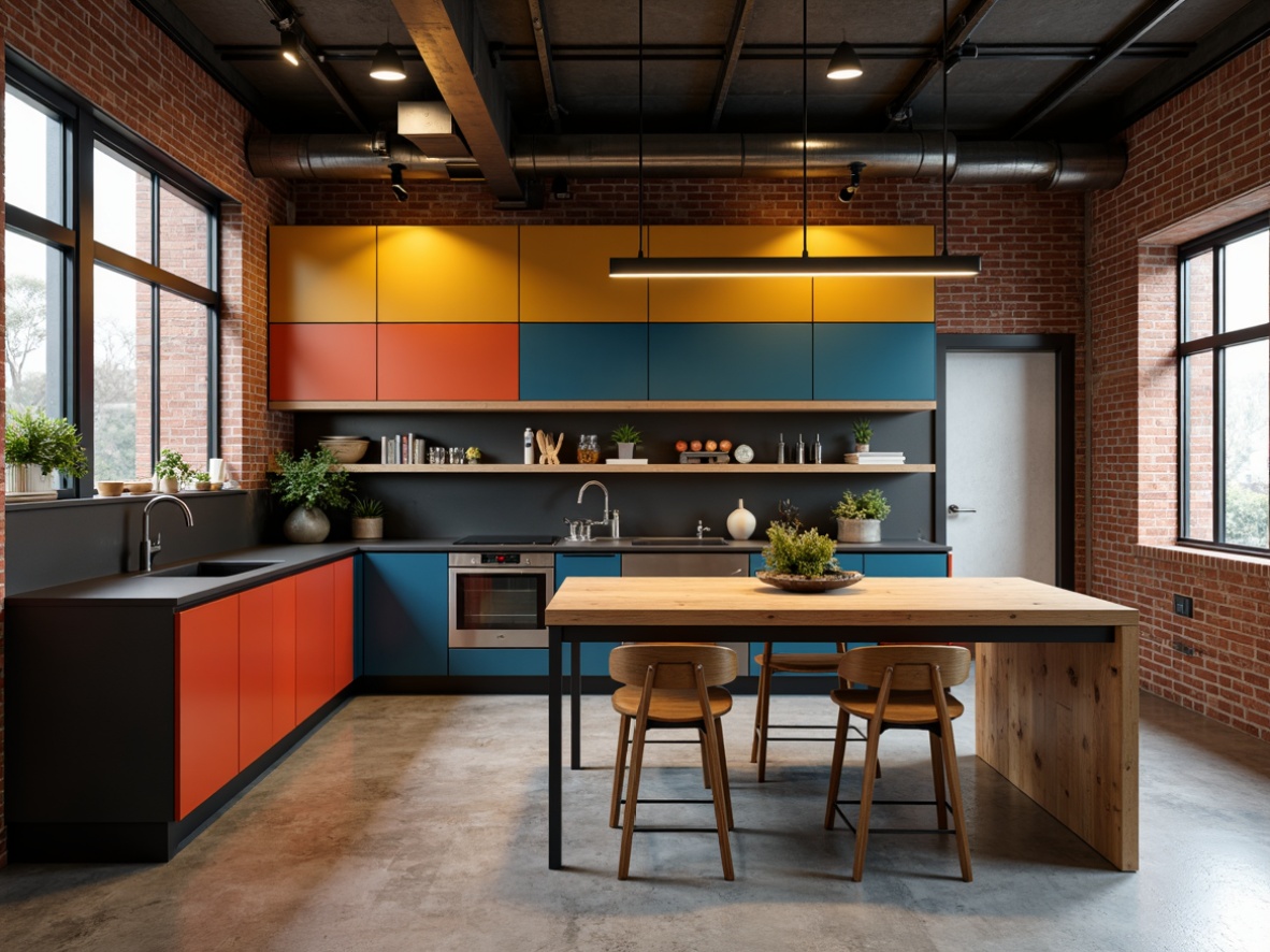 Prompt: Industrial chic kitchen, exposed brick walls, polished concrete floors, minimalist cabinetry, bold color blocking, geometric patterns, metallic accents, chrome fixtures, industrial-style lighting, functional simplicity, rectangular shapes, clean lines, matte black countertops, natural wood island, sleek steel appliances, urban loft atmosphere, warm task lighting, shallow depth of field, 1/1 composition, realistic textures, ambient occlusion.