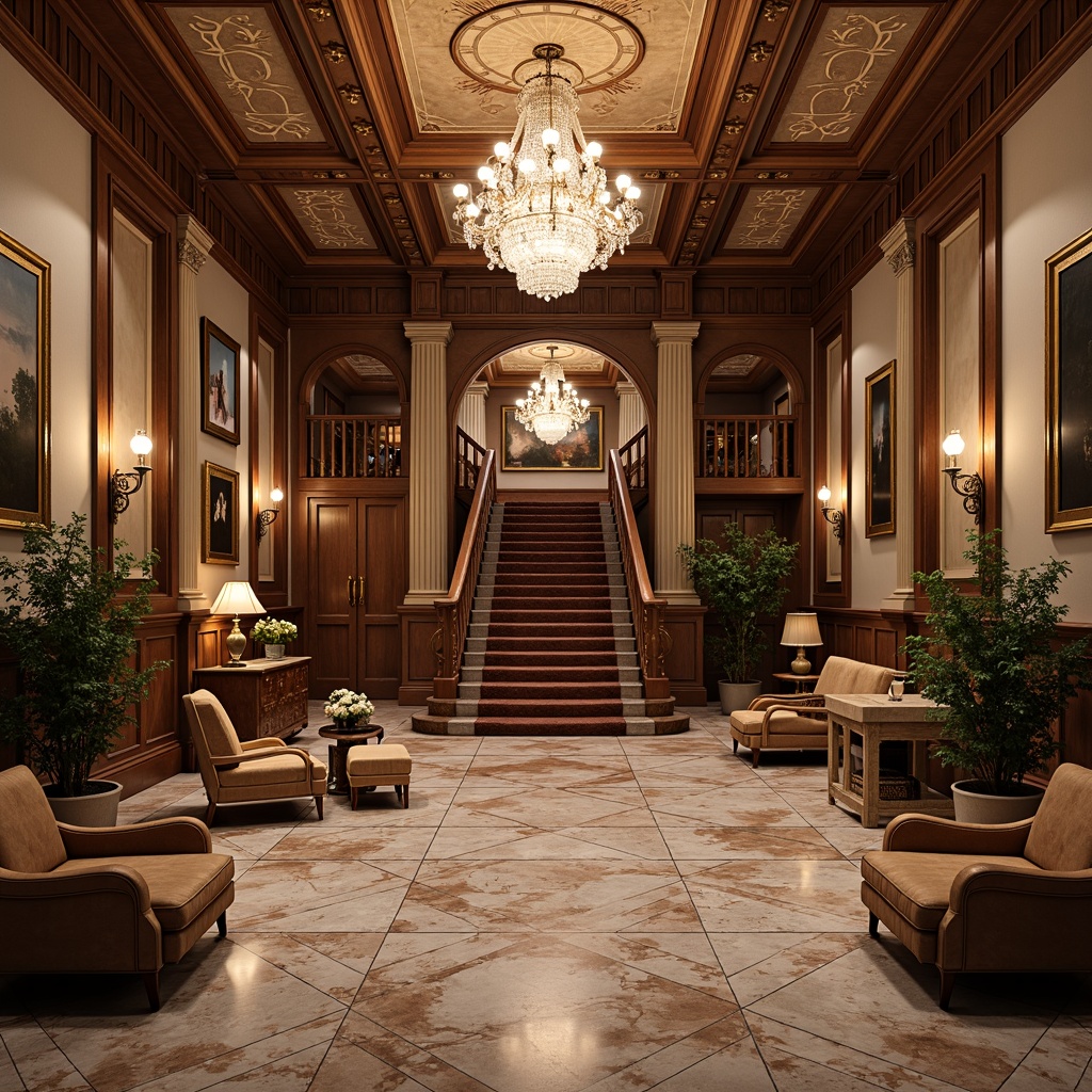 Prompt: Luxurious neoclassical basement, intricately patterned marble floors, rich wood paneling, ornate moldings, crystal chandeliers, lavish furnishings, stately columns, grand archways, warm ambient lighting, soft shadows, elegant staircases, sophisticated color palette, vintage rugs, distressed leather armchairs, antique decorative items, subtle texture variations, 1/2 composition, shallow depth of field, realistic reflections.