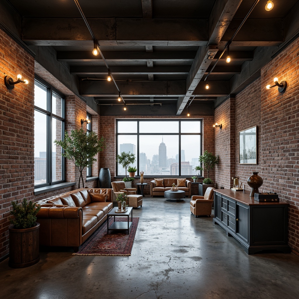 Prompt: Exposed brick walls, industrial metal beams, polished concrete floors, reclaimed wood accents, vintage machinery parts, distressed leather furnishings, urban cityscape views, modern minimalist decor, functional piping fixtures, Edison bulb lighting, rough-textured stonework, steel frame windows, atmospheric fog effects, high-contrast lighting, dramatic shadows, 1/1 composition, cinematic camera angles.