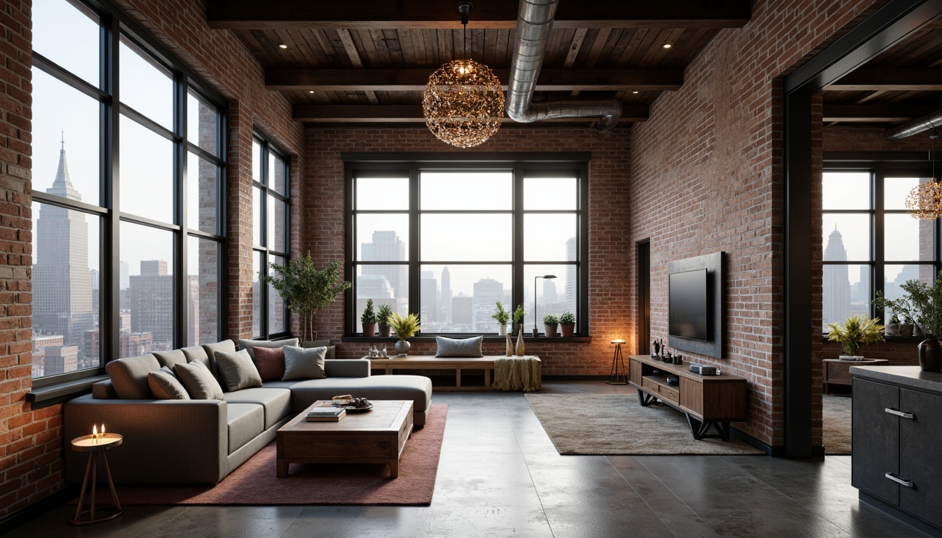 Prompt: Industrial chic penthouse, exposed brick walls, metal beams, polished concrete floors, floor-to-ceiling windows, cityscape views, minimal decor, functional lighting, reclaimed wood accents, industrial-style furniture, metallic color scheme, urban loft atmosphere, open-plan living area, high ceilings, dramatic chandelier, softbox lighting, 1/1 composition, atmospheric haze, cinematic mood.