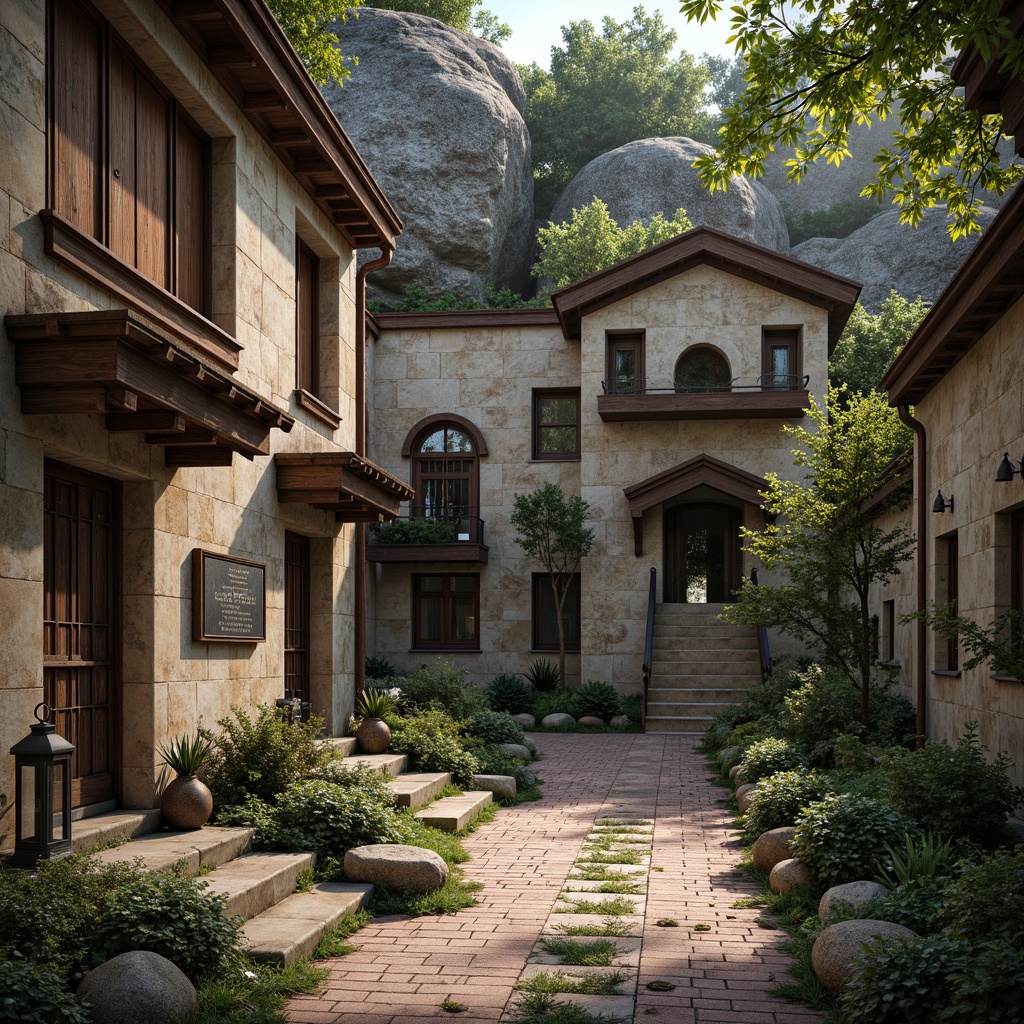 Prompt: Weathered stone walls, distressed wooden accents, rusty metal embellishments, natural rock formations, earthy tone color palette, moss-covered surfaces, worn brick pathways, vintage lanterns, ornate iron gates, memorial plaques, solemn atmosphere, soft warm lighting, shallow depth of field, 3/4 composition, panoramic view, realistic textures, ambient occlusion.