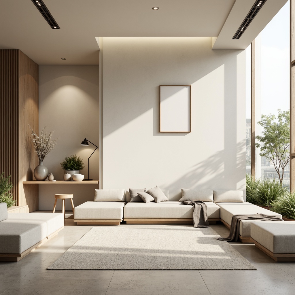 Prompt: Monochromatic interior, soft creamy whites, warm beige tones, pale grays, subtle taupe accents, natural wood textures, sleek metal frames, minimalist decor, sparse greenery, ambient softbox lighting, shallow depth of field, 1/1 composition, realistic renderings, atmospheric mist.