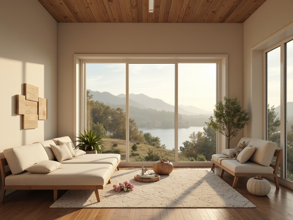 Prompt: Calming atmosphere, soft beige walls, natural wood accents, creamy white furniture, plush area rugs, delicate floral patterns, gentle morning light, warm golden tones, cozy reading nook, comfortable seating, peaceful landscape views, serene forest surroundings, misty mountains, tranquil lake scenes, subtle water features, minimalist decor, elegant simplicity, soft focus, shallow depth of field, 1/1 composition, natural textures, ambient occlusion.