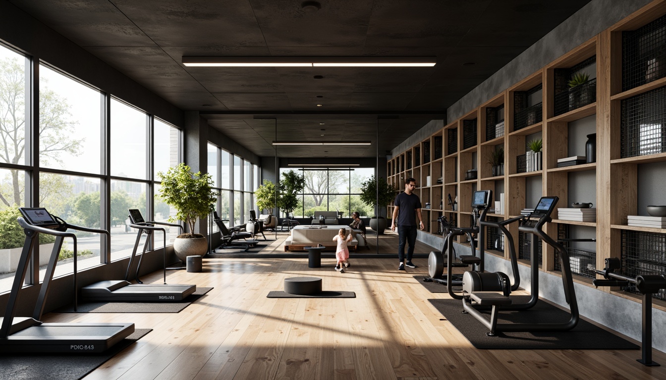 Prompt: Modern home gym, sleek exercise equipment, mirrored walls, polished wood flooring, natural light pouring in, floor-to-ceiling windows, minimalist decor, wall-mounted storage units, compact shelving systems, metal grid panels, hidden compartments, sliding drawers, adjustable shelves, modular cabinets, industrial-chic aesthetic, high-contrast color scheme, dramatic overhead lighting, 1/1 composition, shallow depth of field, realistic textures.