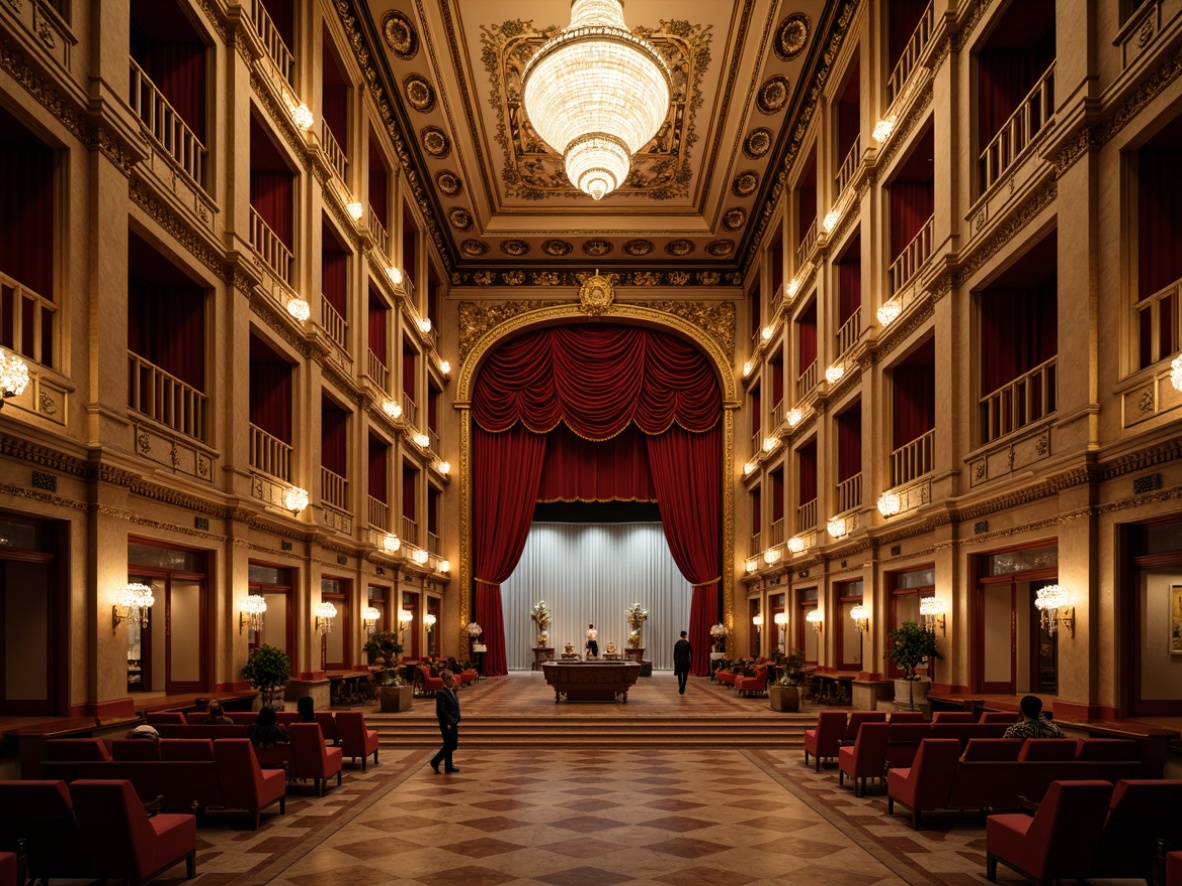 Prompt: Grand opera house, neoclassical facade, ornate details, symmetrical layout, sweeping staircases, grand chandeliers, velvet red curtains, golden ornaments, marble floors, high ceilings, majestic columns, intricately carved wooden panels, opulent furnishings, crystal sconces, subtle warm lighting, shallow depth of field, 2/3 composition, low-angle shot, dramatic shadows, realistic textures, ambient occlusion.