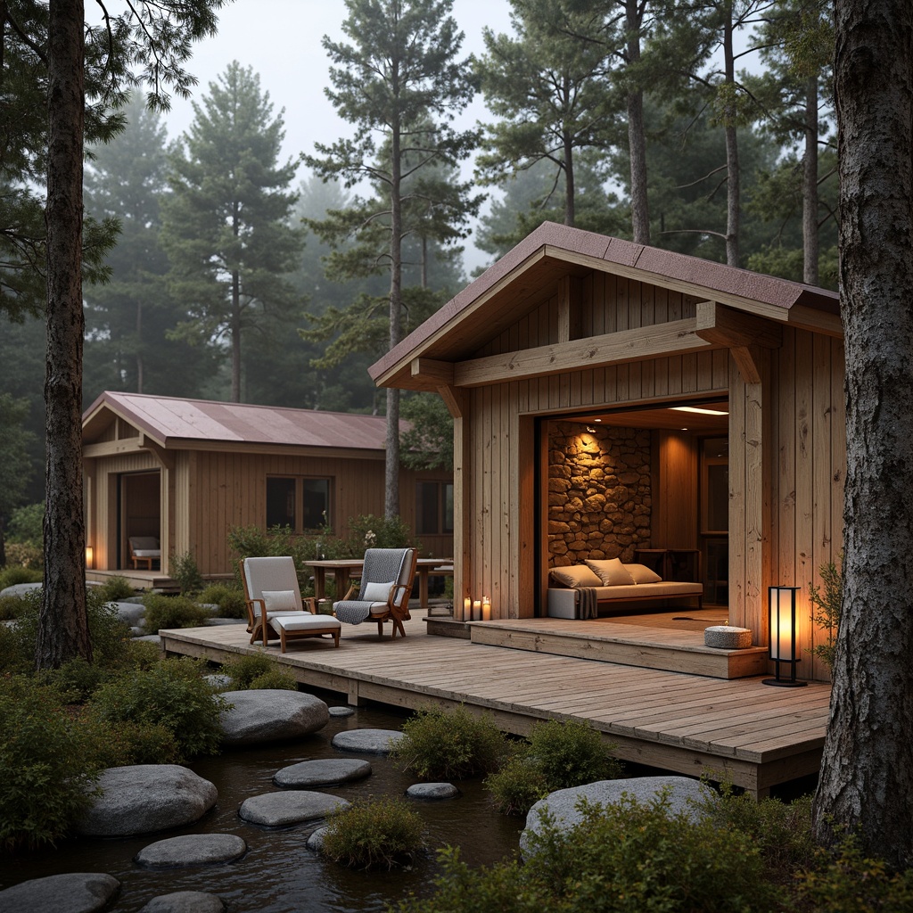 Prompt: Rustic wooden cabins, natural stone walls, weathered copper roofs, Nordic-inspired minimalist design, cozy interior spaces, warm candlelight, soft blankets, woven textiles, distressed wood accents, earthy color palette, moss-covered grounds, serene forest surroundings, misty morning light, shallow depth of field, 2/3 composition, realistic textures, ambient occlusion.