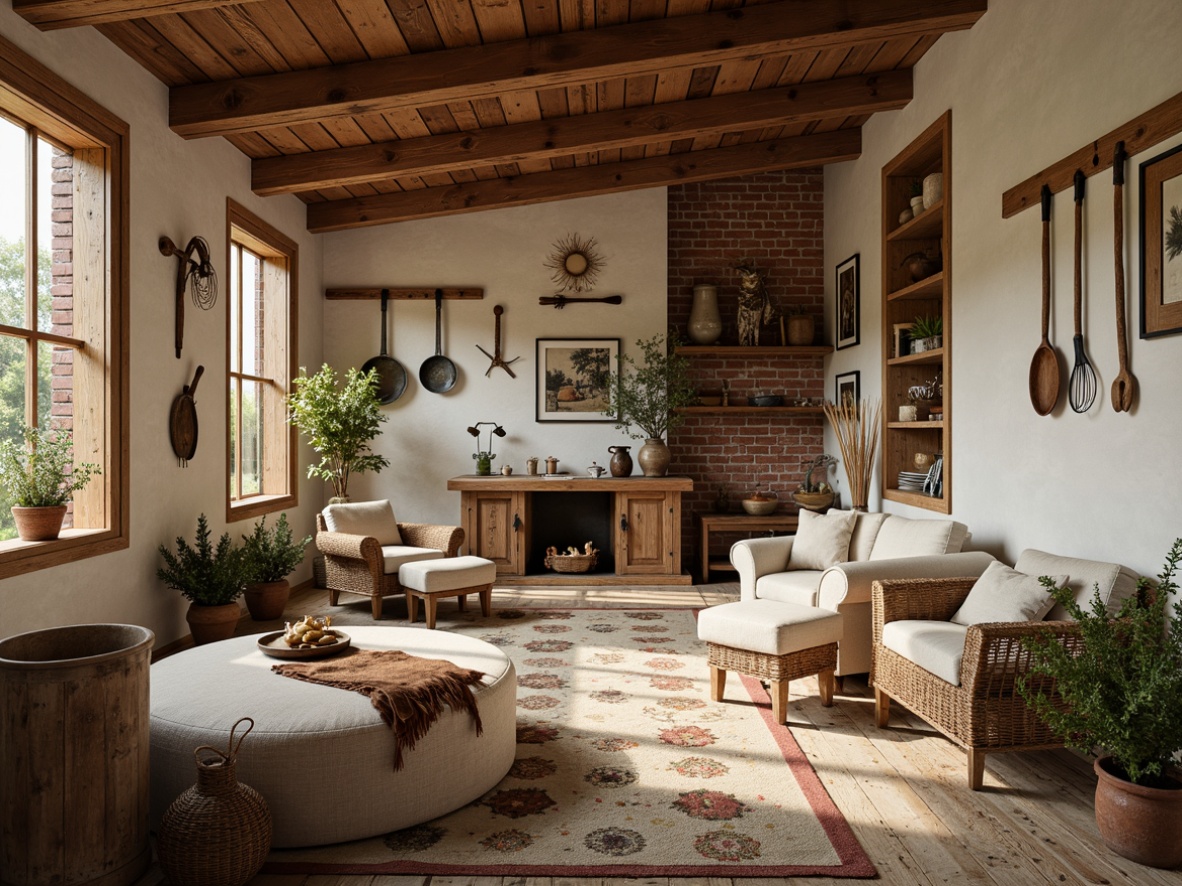 Prompt: Rustic farmhouse interior, warm earthy tones, natural wood accents, vintage farm tools, distressed brick walls, wooden beams, cozy nooks, plush furnishings, soft creamy whites, muted greens, weathered metals, woven textiles, botanical prints, nature-inspired patterns, soft warm lighting, shallow depth of field, 1/1 composition, realistic textures, ambient occlusion.