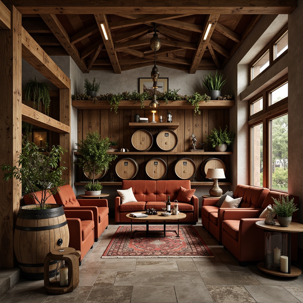 Prompt: Rustic winery interior, mid-century modern style, reclaimed wood accents, industrial metal frames, plush velvet sofas, tufted leather armchairs, wooden wine barrels, vintage metal lanterns, natural stone flooring, earthy color palette, warm ambient lighting, shallow depth of field, 1/1 composition, realistic textures, ambient occlusion.